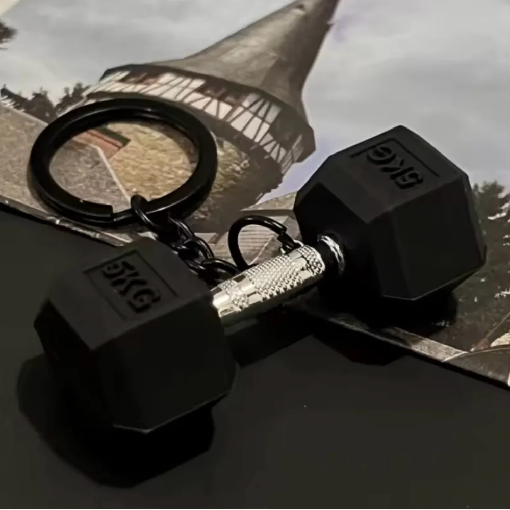 Black Barbell Dumbbell Keychain